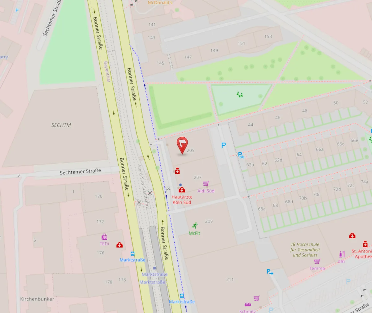 Map showing Bonner Straße 205 in Cologne-Bayenthal