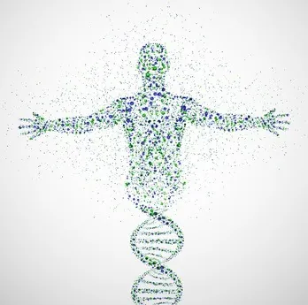 Grafik einer menschlichen Figur aus farbigen Punkten über einer DNA-Doppelhelix